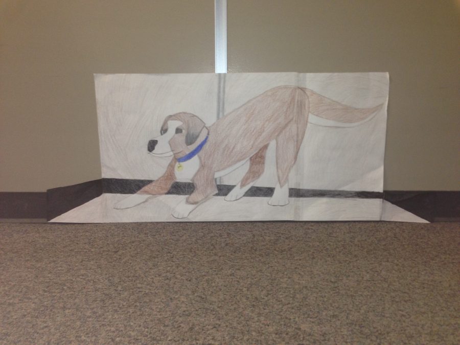 A dog in the art hallway.