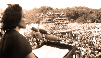 Coretta King at Podium Addressing Rally