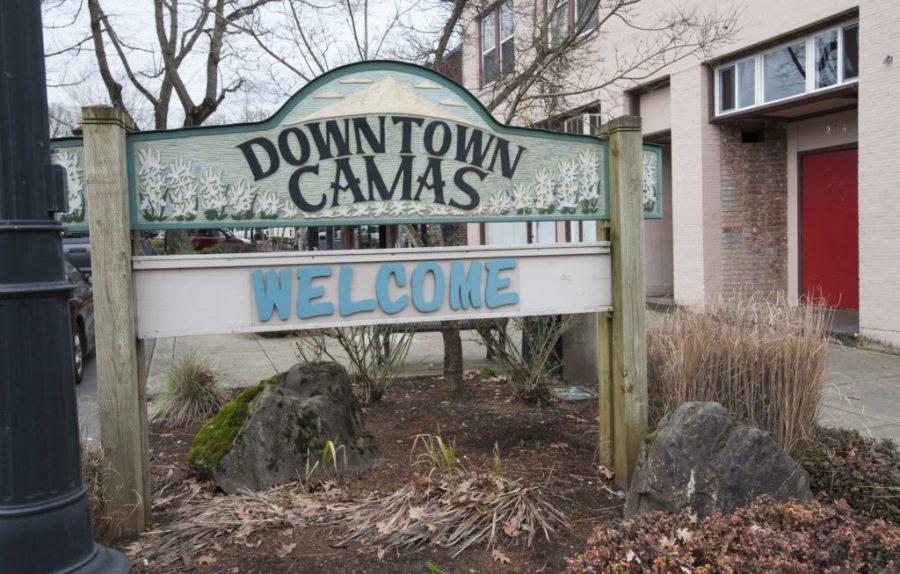 A sign  welcomes visitors to historic downtown Camas Wednesday February 10, 2016. As downtown Camas grows and expands, it is looking at whether or not it has to address future parking issues in and around downtown. (Natalie Behring/ The Columbian)