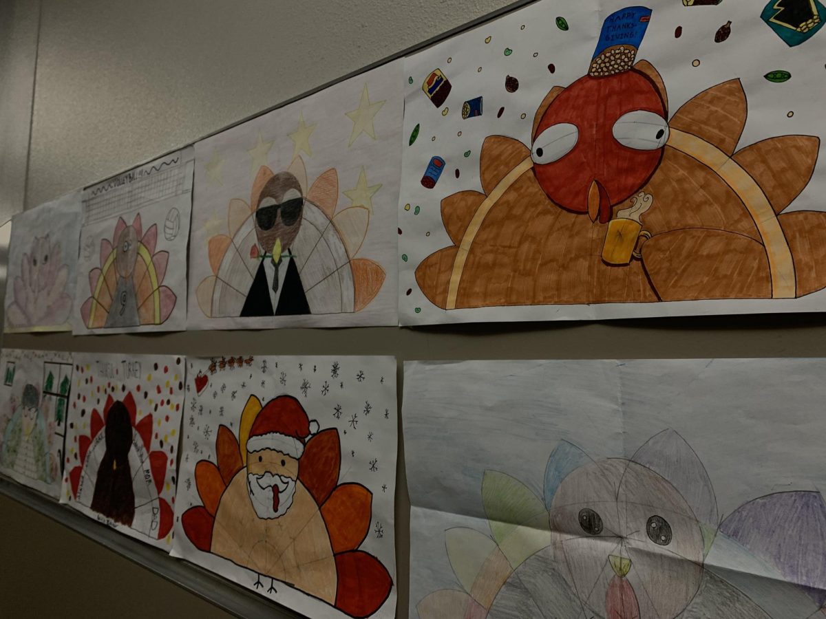 Hand-drawn Thanksgiving turkeys in the 100s wing