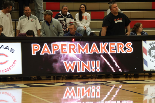 The new announcer table displaying a victory for CHS, courtesy of CHS Yearbook