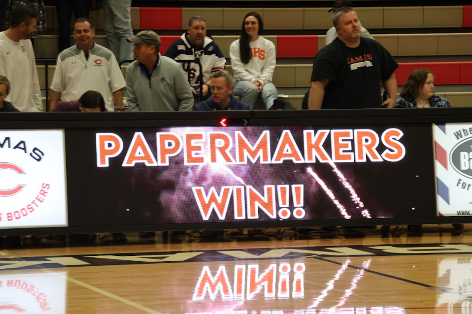 The new announcer table displaying a victory for CHS, courtesy of CHS Yearbook