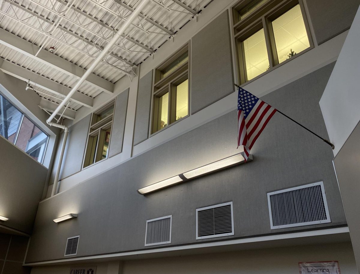 An American Flag Hangs in the Camas High School Library
