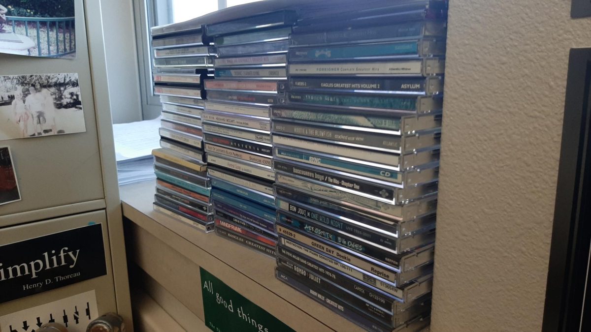 Camas High School English teacher Joseph Farland's collection of CDs, kept in his classroom