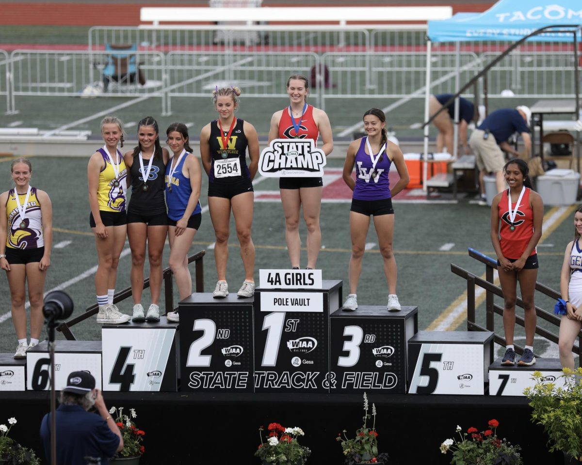 CHS girls pole vault athletes Karina Cooper places first and Sneha Shankar places seventh (courtesy of Sneha Shankar)