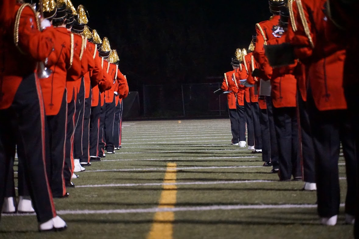 Marching band at football game (courtesy of Logan Hakala)