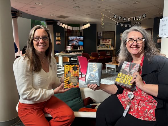 Left to right: Kimberly Lottig, Skyridge Middle School’s library paraprofessional, and Skyridge librarian Sarah Logan (Courtesy SMS)