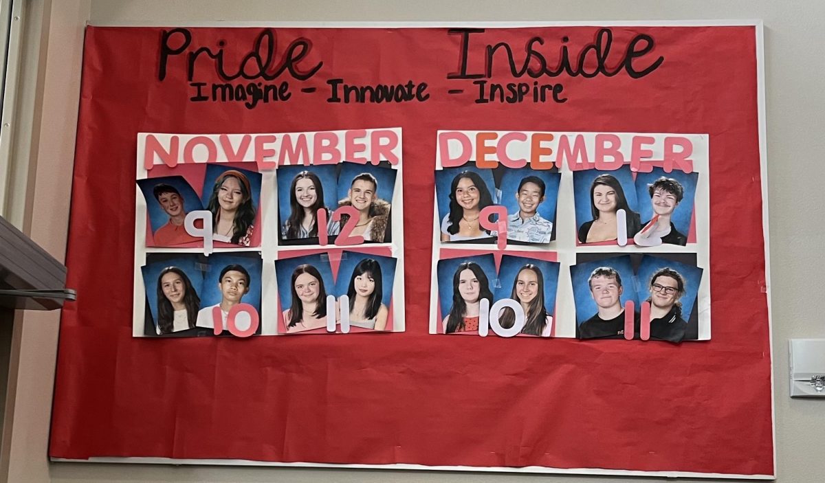 The Pride Inside Award board announcing each month’s awarded students, created by senior Naomi Costa for her senior project (courtesy of Sage Nguyen)