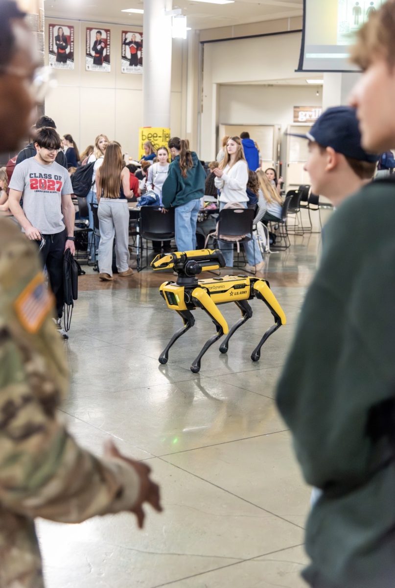 US Army recruiter presenting Boston Dynamics robot at CHS (courtesy of E.T. Johns)